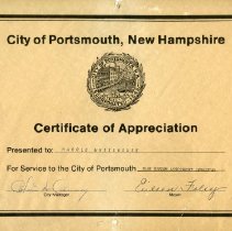 City of Portsmouth, New Hampshire, Certificate of Appreciation: Presented to Harold Whitehouse for Service to the City of Portsmouth Blue Ribbon Assessment Committee.